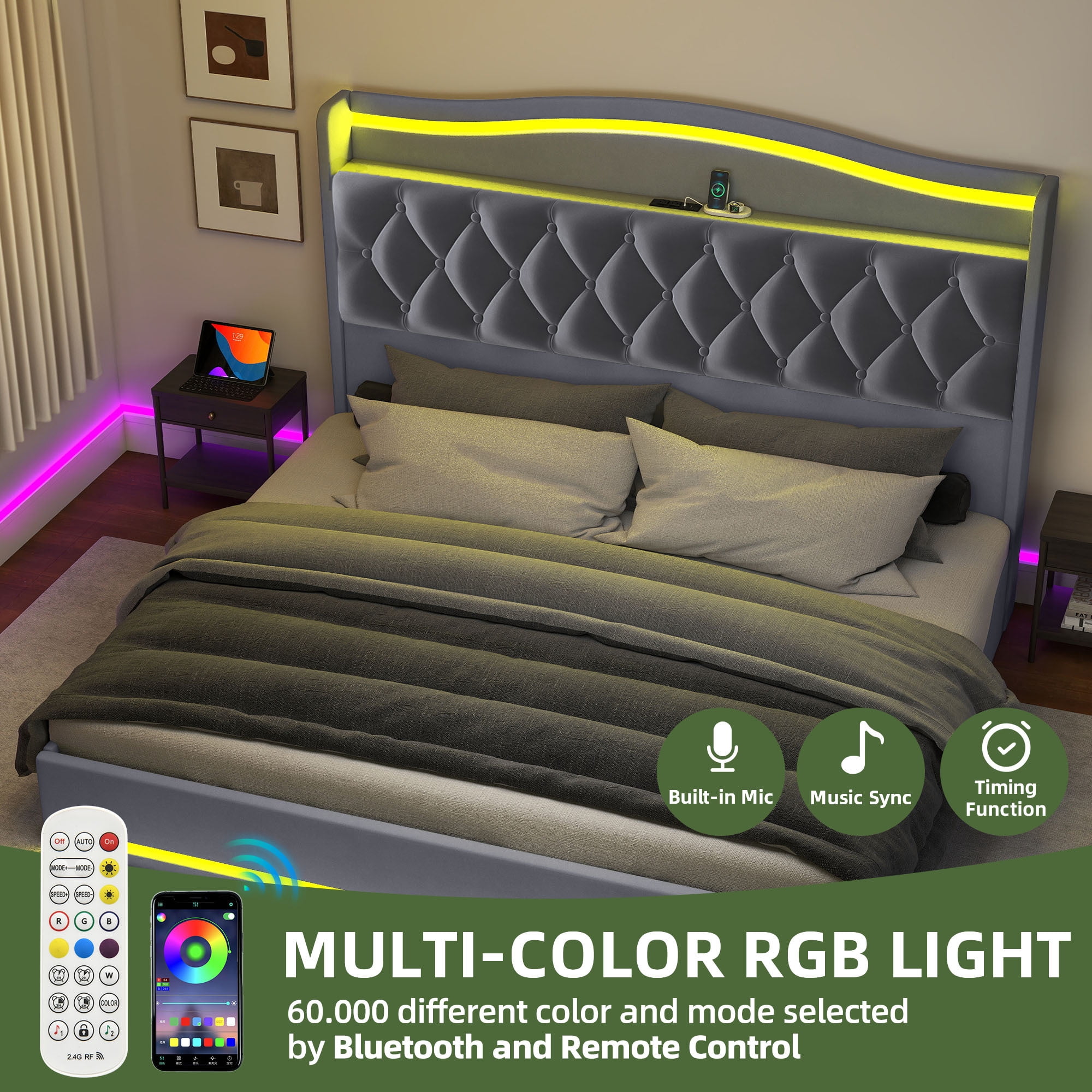 Uforic King Size Bed Frame with Power Outlets & LED Lights, Upholstered Storage Bed Frame with Drawers & Headboard, Gray