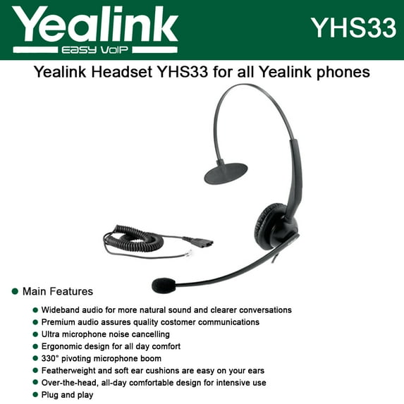 Yealink YHS33 Wideband Headset for Yealink IP Phones, plug and play