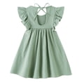thumbnail image 2 of Vestido LYXIOF para niños pequeños, algodón y lino, mangas con volantes, verde, 80 cm, 2 of 6
