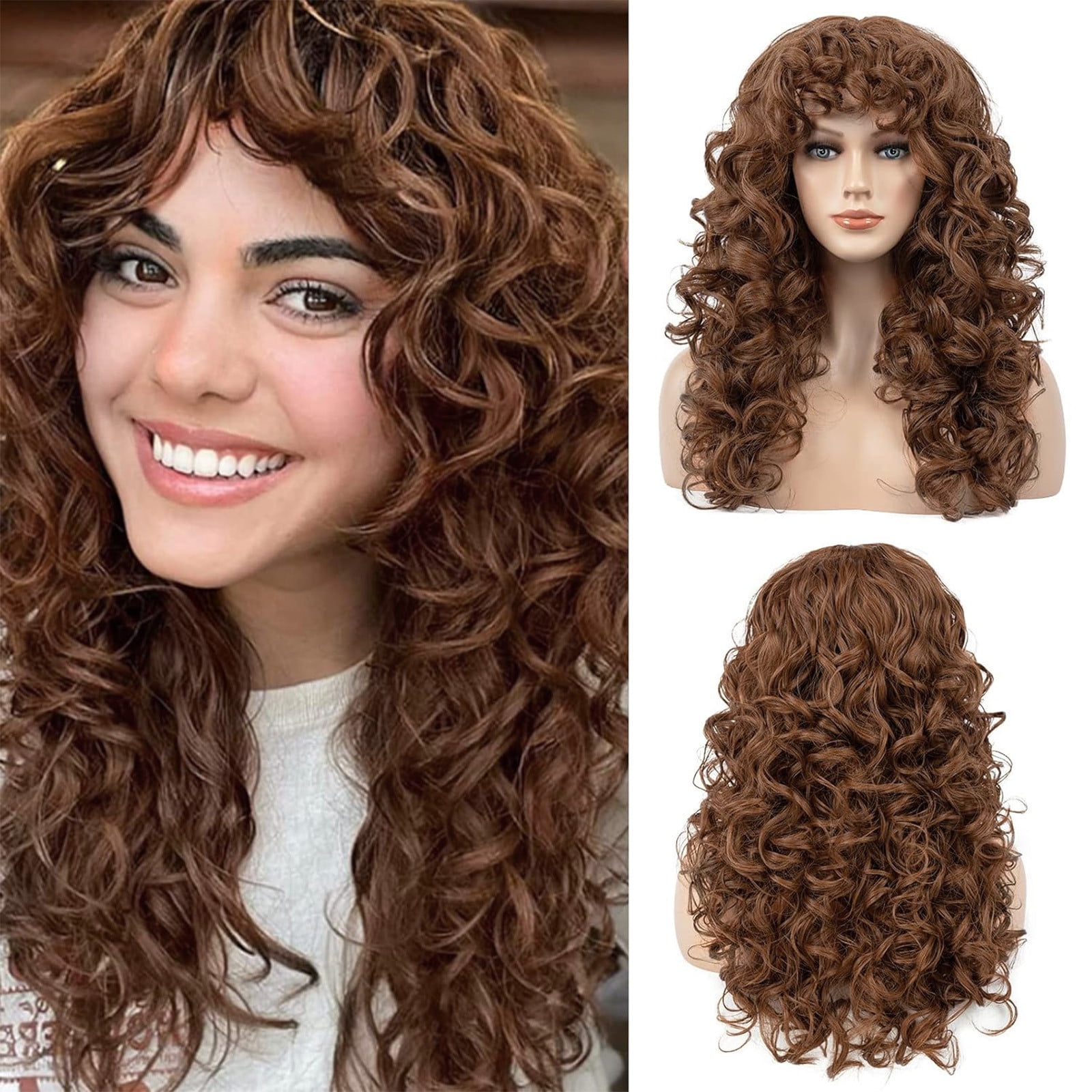 YSGFHGJW Human Hair Wig,Long Curly Wig With Bangs Hair Wig For Women Synthetic Natural Wig Various Colors Available Daily Wear Party And Cosplay Soft Wig,Coffee