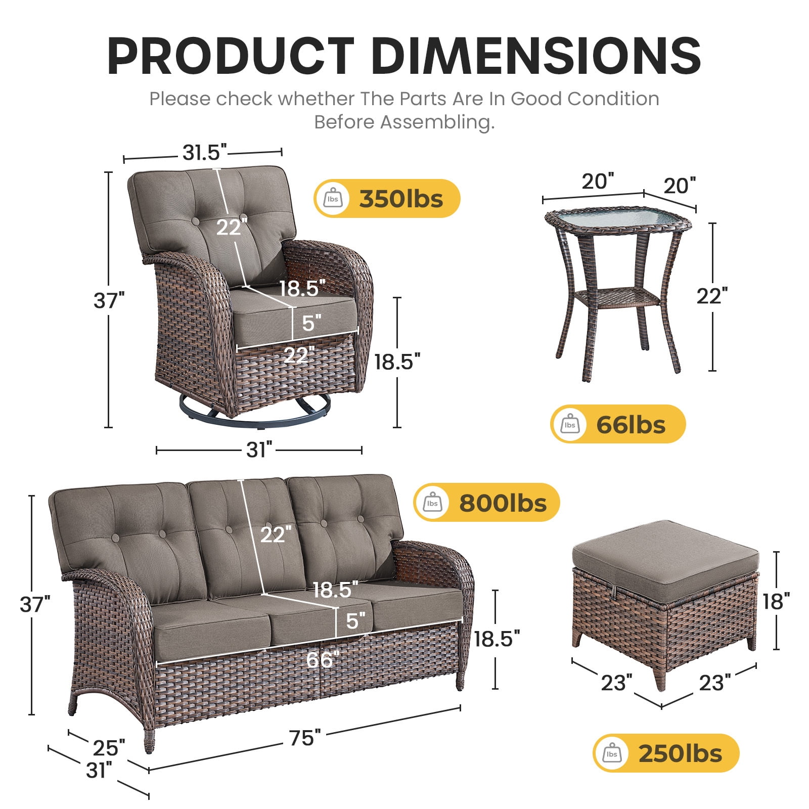 Bellefurn Luxury 6 Piece Outdoor Patio Wicker Furniture Sets with Swivel Rocker Patio Chairs,Sofa and Ottomans,High Back Outdoor Conversation Set for Porch Balcony Deck