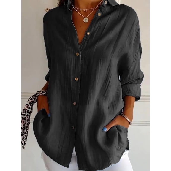 Casual Plain Wrinkle Fabric Long Sleeve Pocket Front Button up Shirts for Women