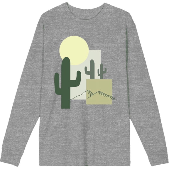 Natural World Cacti & Shapes Heather Gray Adult Crew Neck Long Sleeve Tee-Large