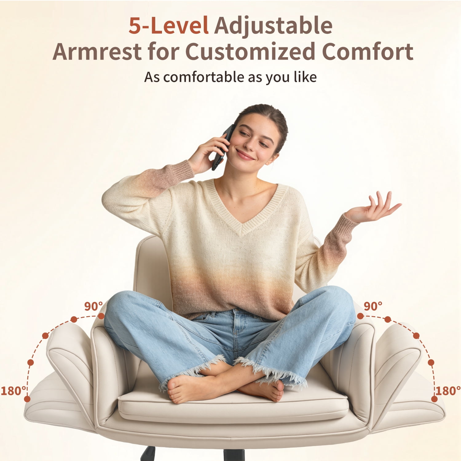 BOSSIN Biege Criss Cross Chair with Armrests & Wheels,Foldable Armrest PU Leather Vanity Chair – Thickened Swivel Office Desk Chair for Home, Makeup Room & Bedroom