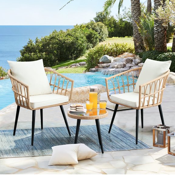 3 Piece Patio Bistro Set,Outdoor Wicker Apartment Balcony Furniture Sets, Rattan Table and Chairs Set of 2 for Porch Backyard Lawn Poolside Deck, Beige