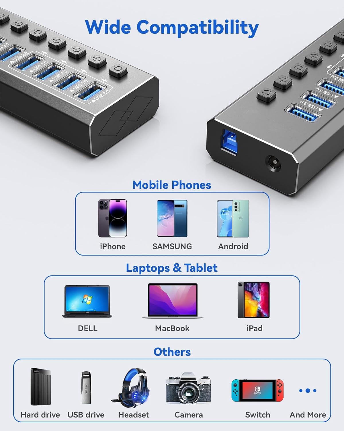 Powered USB Hub 3.0,AUBEAMTO 7-Port USB 3.0 Hub [Durable Aluminum] 7 Data Transfer Ports+ 4 Smart Charging Ports with Individual On/Off Switches, USB Hub 3.0 Powered with Power Adapter for Laptop PC