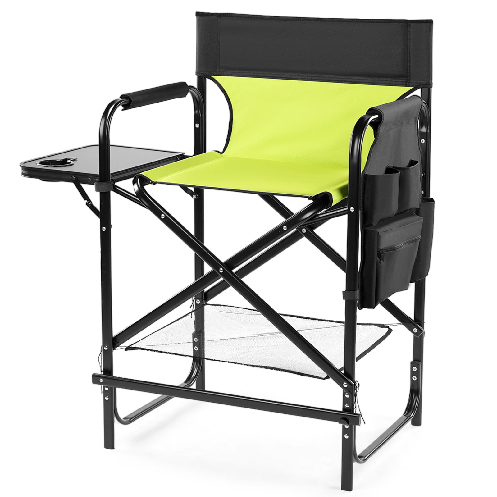 26" Tall Directors Chair with Footrest, 4Portable Bar Height Folding Camping Chair with Built-in Cup Holder, Side Table, Storage Pocket, Neon Green