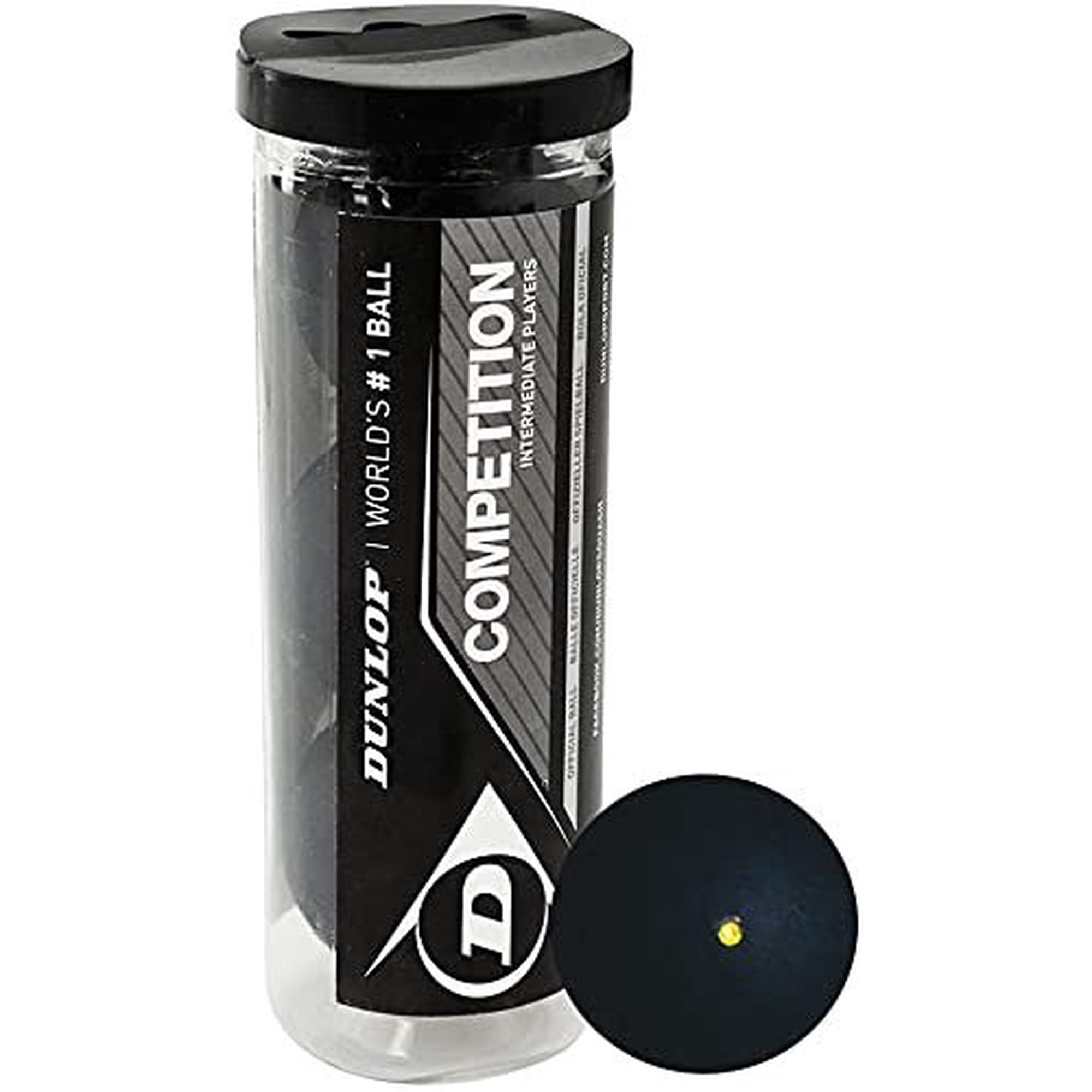 Dunlop Sports Competition Squash Ball, Single Yellow Dot, 3-Ball Tube, Black/Single Yellow Dot