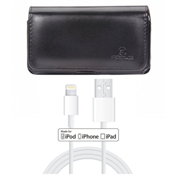 3ft MFi USB Cable w Leather Case Belt Clip for iPhone XS Max - Certified Charger Cord Power Wire Fast Charge and Swivel Holster Loops Cover Pouch