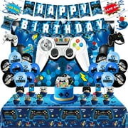 45Pcs Gamer Birthday PriNst Party Decorations - Gaming Party Supplies with Backdrop, Banner, Tablecloth, Balloons, Swirls & Cake Toppers for Video Game Theme