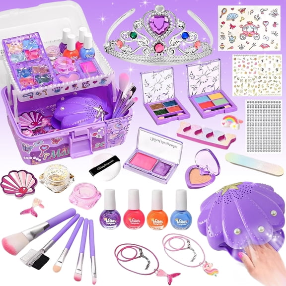 LINXUXIE Kid Makeup Kit for Girls, 2 in 1 Washable Makeup Set & Nail Art Kits with Nail Dryerwith, Princess Accessories,Birthday Gifts for 3-13 Years