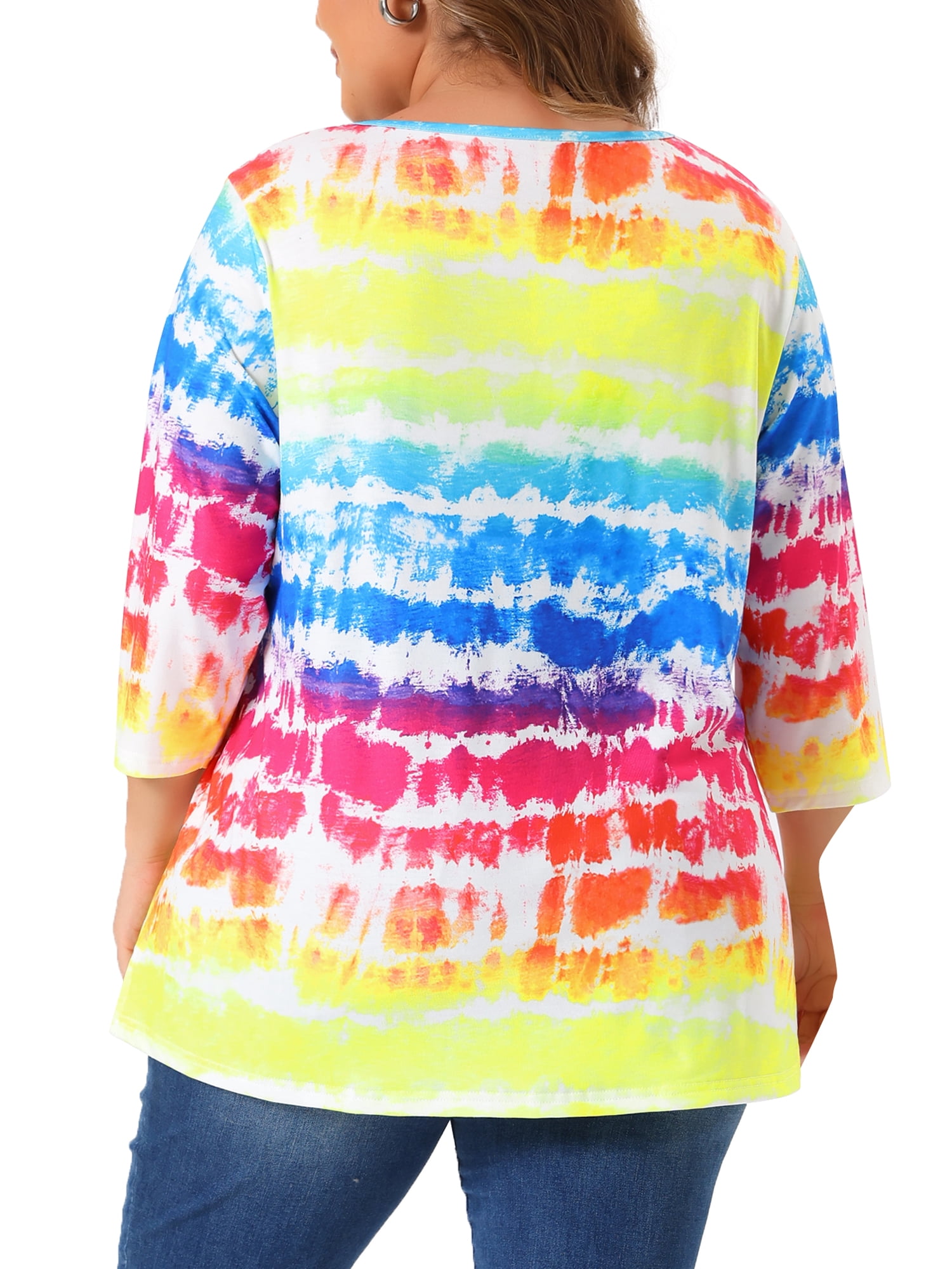 Unique Bargains Women's Plus Size V Neck 3/4 Sleeve Striped Tie Dye Blouse 1X Rainbow