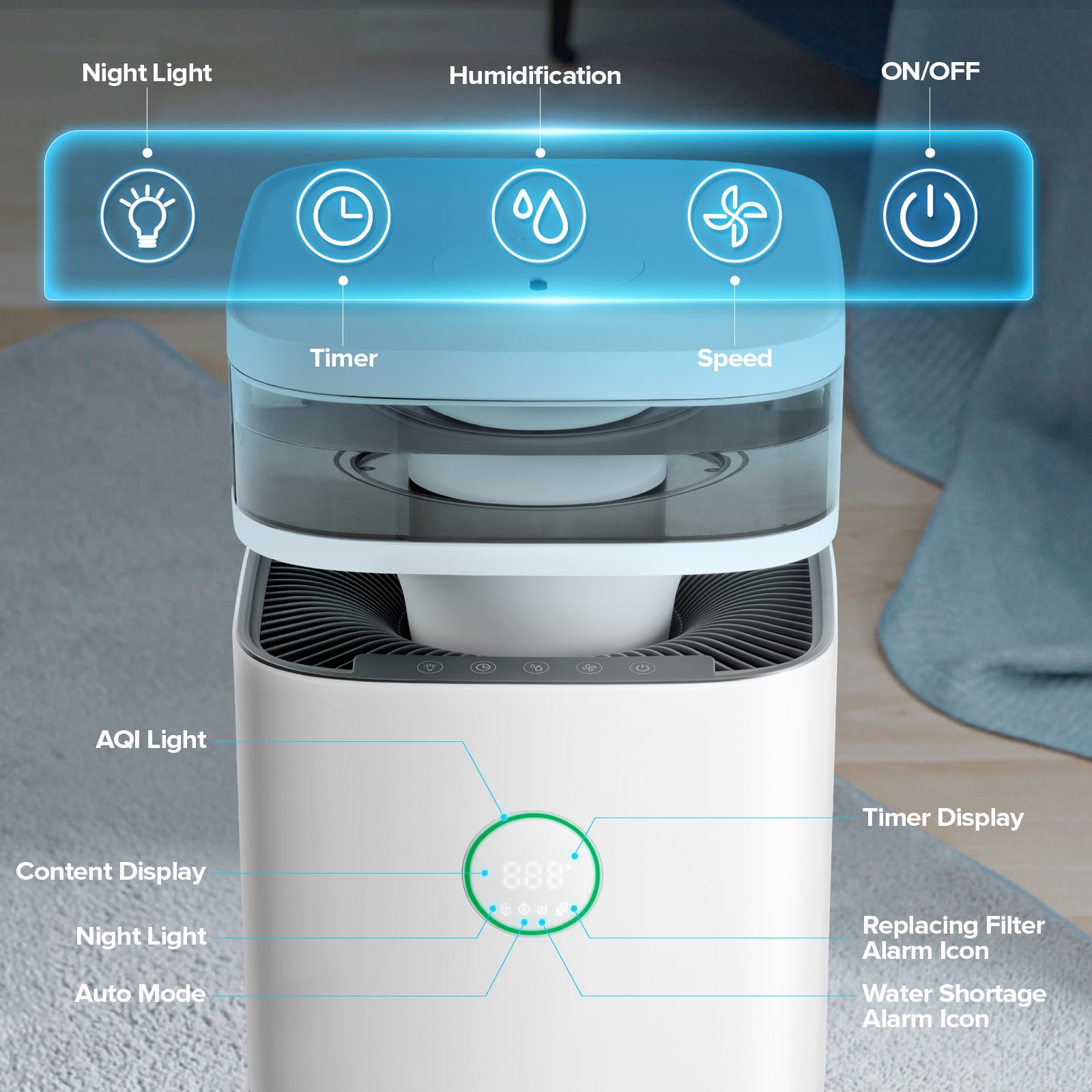 KISSAIR Air Purifier with Humidifier(CARB), H13 True HEPA Filte Air Cleaner, Max Room Capacity 2676 Sq.ft