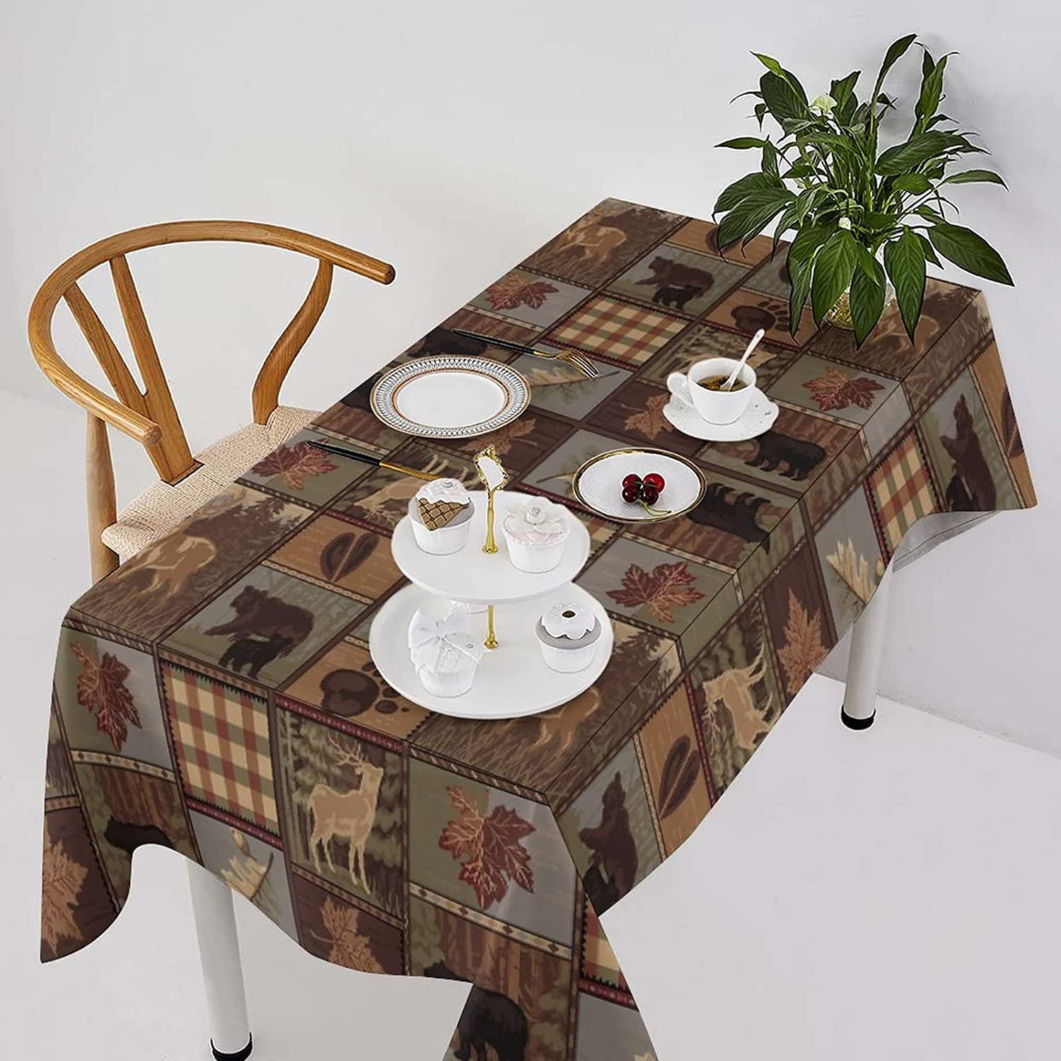 Rustic Bear Moose Deer Tablecloth, Retro Rustic Vintage Bear Cottage