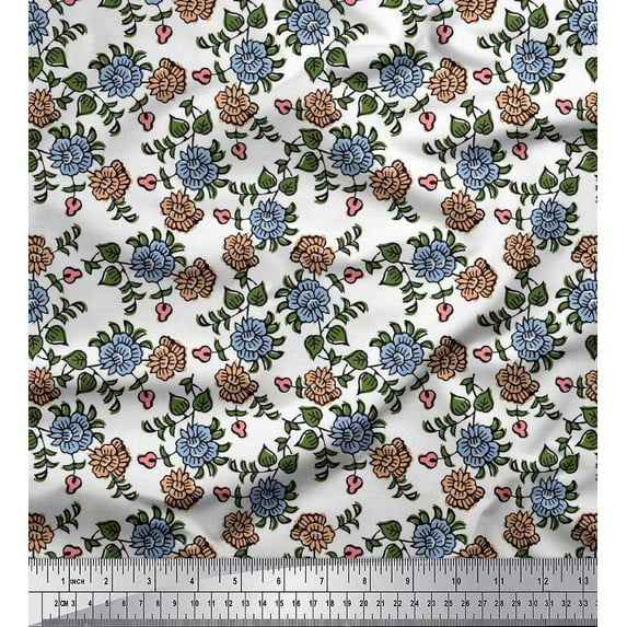 Soimoi Silk Fabric Leaves & Floral Block Printed Fabric 1 Yard 42 Inch Wide