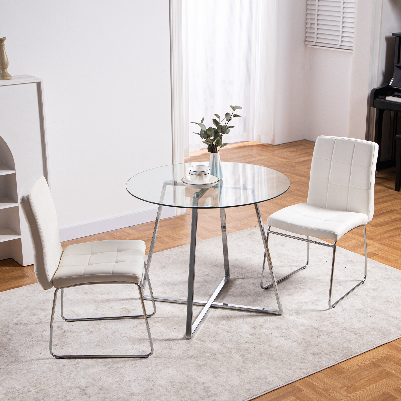 Sanspredet Modern Dining Table Set for 2, Round Glass Table and Faux