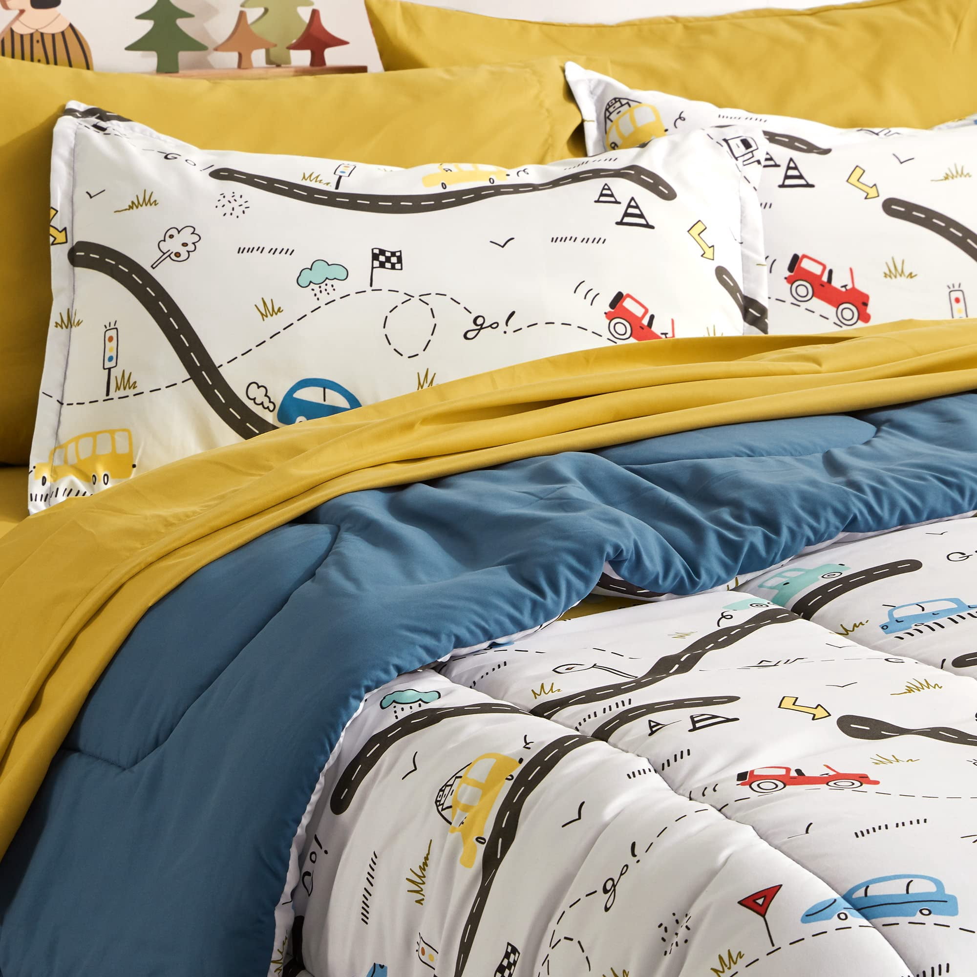 Sleep Zone Kids Bedding Comforter Set Full/Queen Size - Super Soft & Cute Printed 3-Piece Comforter Set All Seasons for Boys, Girls, Fade Resistant, Machine Washable, Car Road