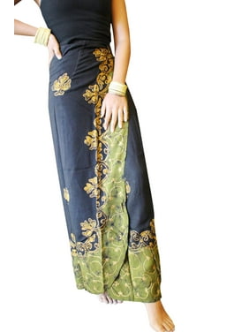 Mogul Women Wrap Skirts Black Green Batik Embroidered Maxi Skirt,Beach Summer Skirts, ONESIZE SM