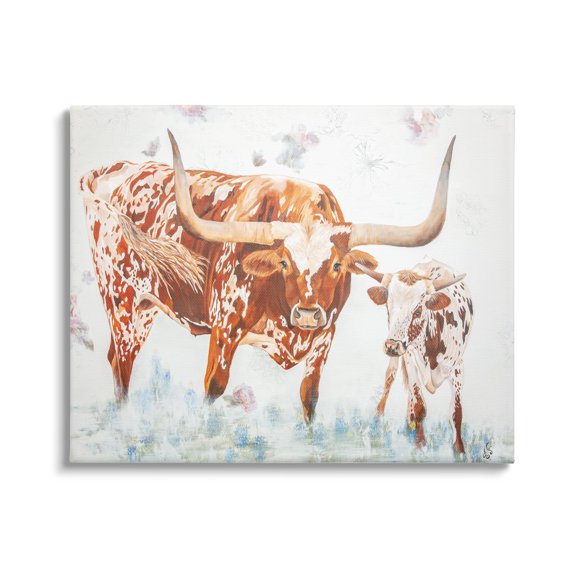 Stupell Brown Longhorn Cattle Family Farmhouse Animals & Insects Painting Gallery Wrapped Canvas Print Wall Art