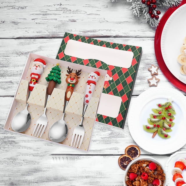 Juego de cuchara y tenedor navideños de acero inoxidable | Mini cubiertos de postre portátiles con diseño de muñeco de nieve | 6 cucharas navideñas para café, té y sopa | Incluye caja de regalo para