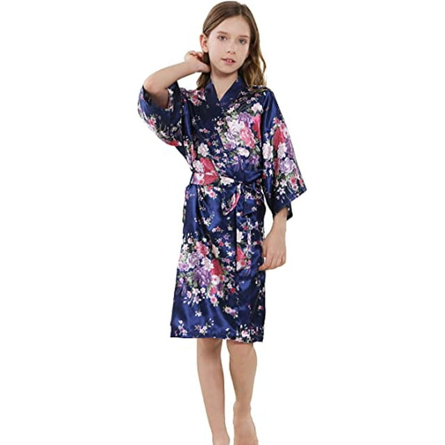 Robe Kimono en Satin Soyeux pour Filles Enfants Jonquilles pour Mariage Spa Fête, Court