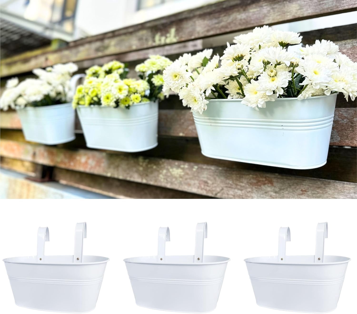 Outdoor Hanging Flower Pots 6 Pack 11.8 Inch White Metal Iron Planters Deck Railing Fence Window Box Plant Holders Porch Decor