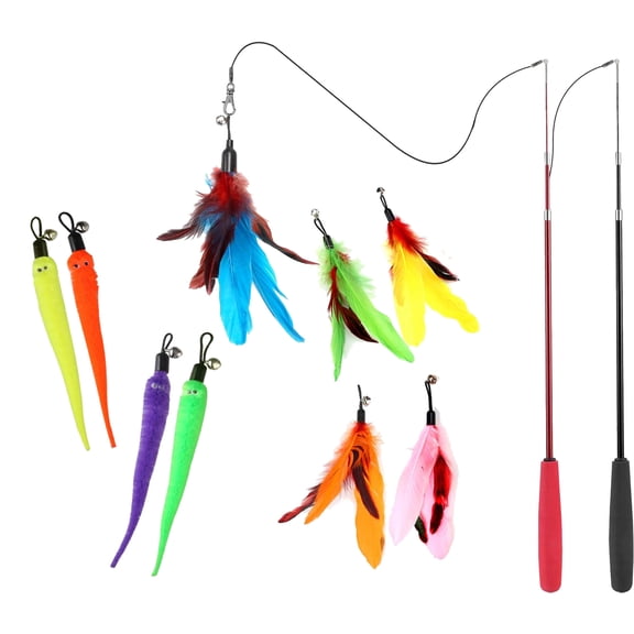 RUseeN 2PCS Ultra-Long Cat Teaser, Fishing Pole Toy,Interactive Toys, Retractable Cat Wand Toy and Feather Toys Refills Attachment Replacement for Indoor Cats