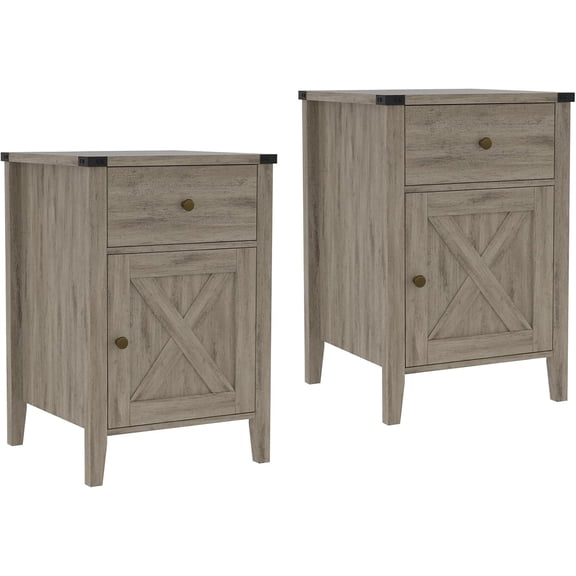 CMMP Rustic Farmhouse Nightstand Set of 2, Wooden End Table with Drawer & Barn Door Storage Cabinet for Bedroom Living Room