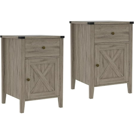WJSP Farmhouse Nightstand Oak 2 pack Rustic Side Table with Barn Door Drawer for Bedroom