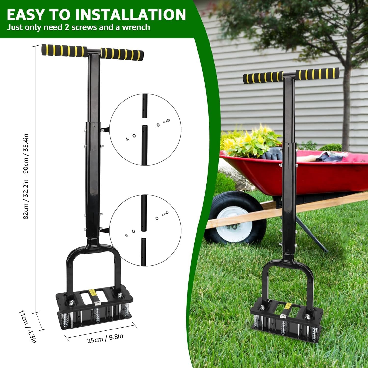 Lawn Aerator, Automatic Dirt and Leaf Clean Design, Reinforced Plastic Shell, Heavy Duty Manual Lawn Aerator Tool with 15 Iron Spikes, Height Adjustable Aerator for Lawn(Armor Black)