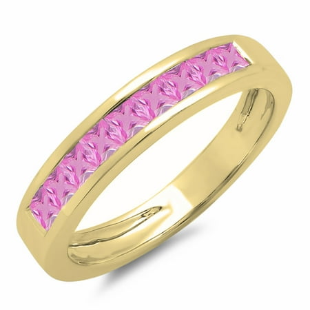 - 0.75 Carat (ctw) 18K Yellow Gold Princess Cut Pink Sapphire Ladies Anniversary Wedding Band Stackable Ring 3/4 CT