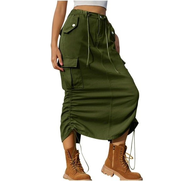 Tumotour Denim Skirt For Women Drawstring Cargo High Waist Long Skirt Knee Length Side Split Denim Skirts With Cargo Pockets