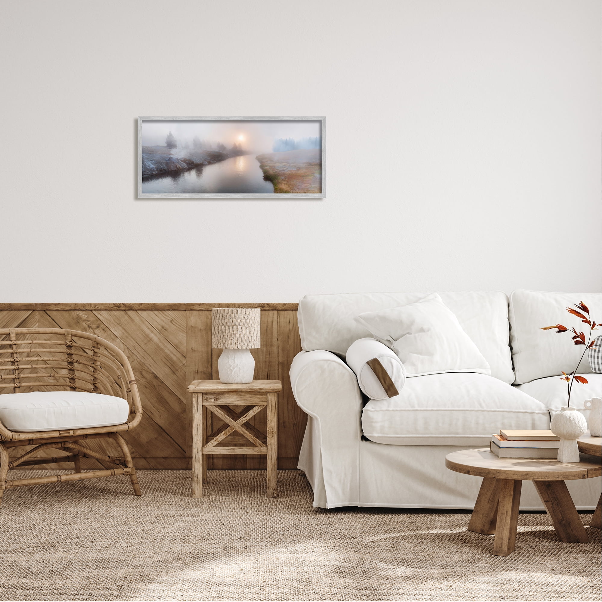 Stupell Industries Foggy River at Dawn Nature Photography Gray Framed Art Print Wall Art, 30 x 13