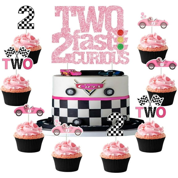 Two Fast Two Curious Birthday Decorations, 25Pcs Two Fast Two Curious Cake Topper Race Car Cupcake Toppers Pink for Girl 2nd Birthday Let’s Go Racing Party Supplies