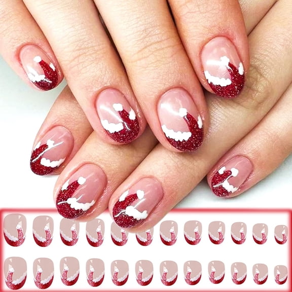 24 Pcs Christmas Press on Nails Christmas Hats Fake Nails Short Oval Glossy Red Glitter French Tips False Nails Gel Glue on Nails Christmas Hats Stick on Nails for New Years Gifts Merry Christmas