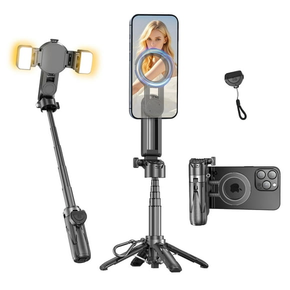 yAyusi Magnetic Mini Phone Selfie Stick,Small Portable Travel Tripod Stand for iPhone, Magnetic Chuck & Clip 2 in 1, with Deta