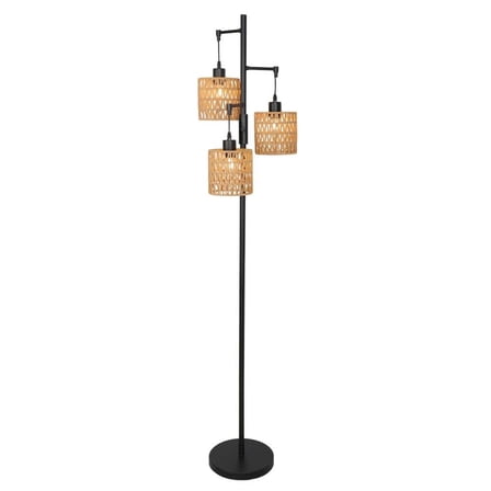 65.03 in. Brown Boho Rattan Dimmable Tree Standing Floor Lamps with 3 LED Edison Bulbs