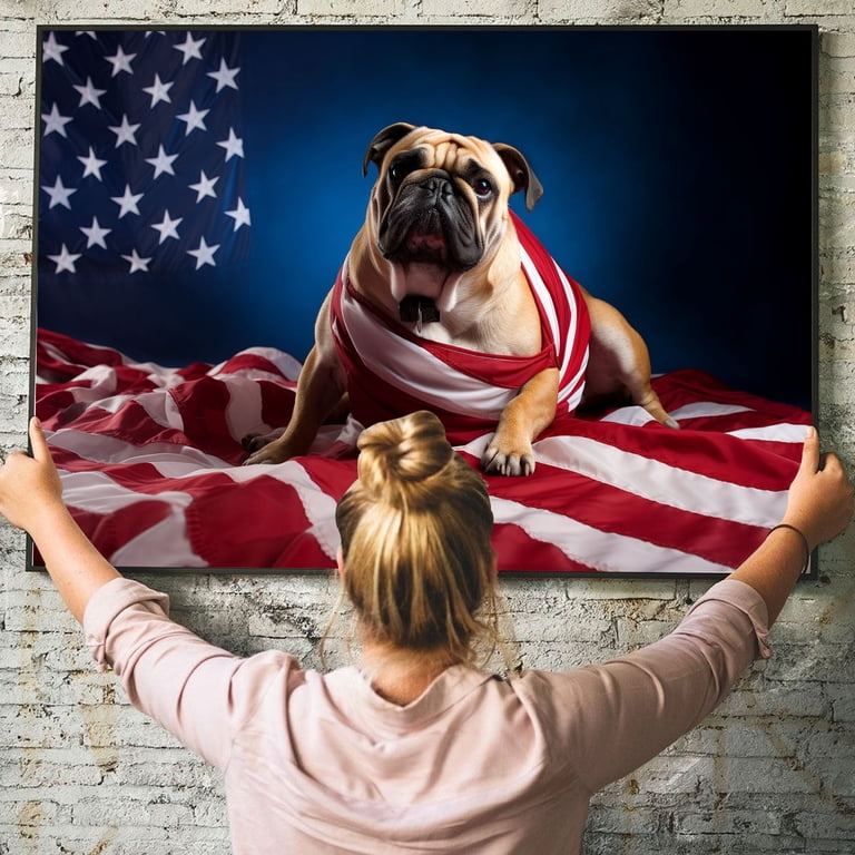 Bulldog Dog American Flag Canvas Poster Wall Art Dog Pictures for
