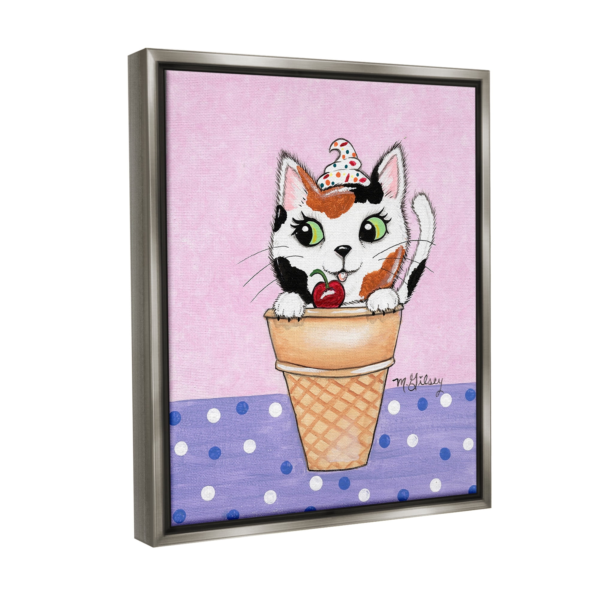 Stupell Industries Polka Dot Cat Sundae Animals & Insects Painting Gray Floater Framed Canvas Art Print Wall Art, 17 x 21