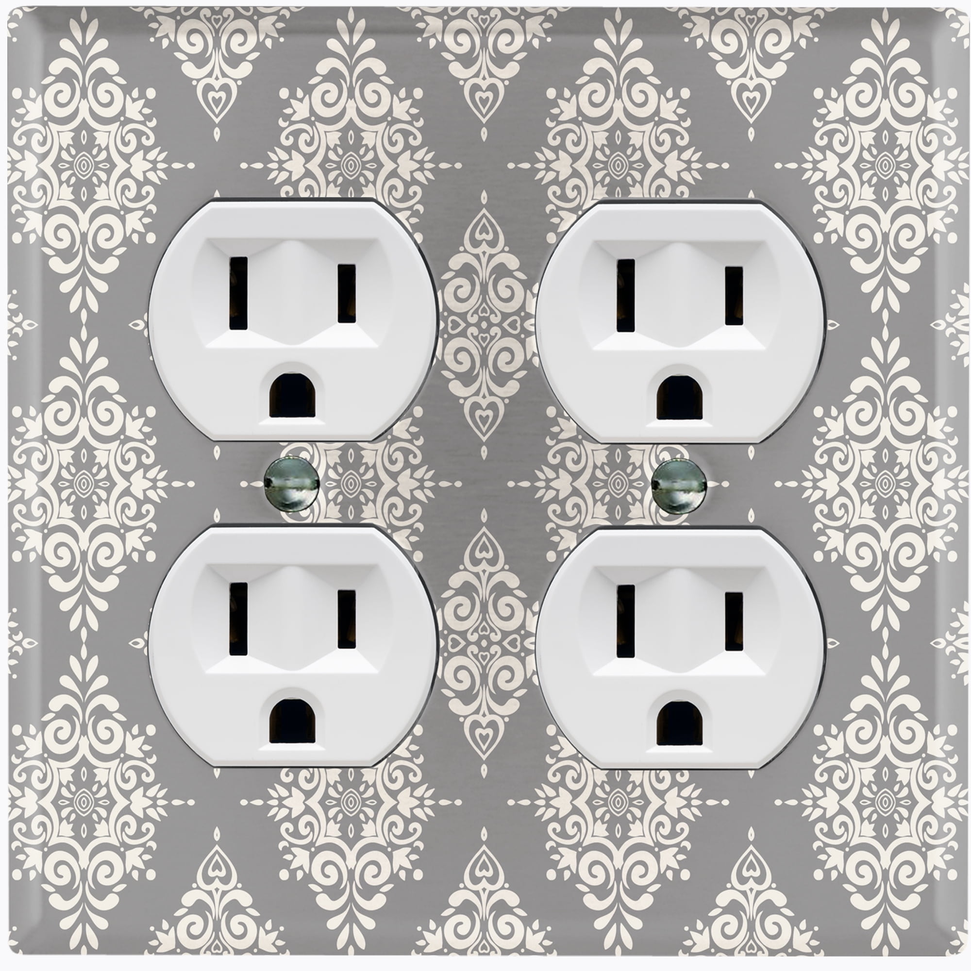Metal Light Switch Plate Outlet Cover (Damask Ornament Symbo Gray
