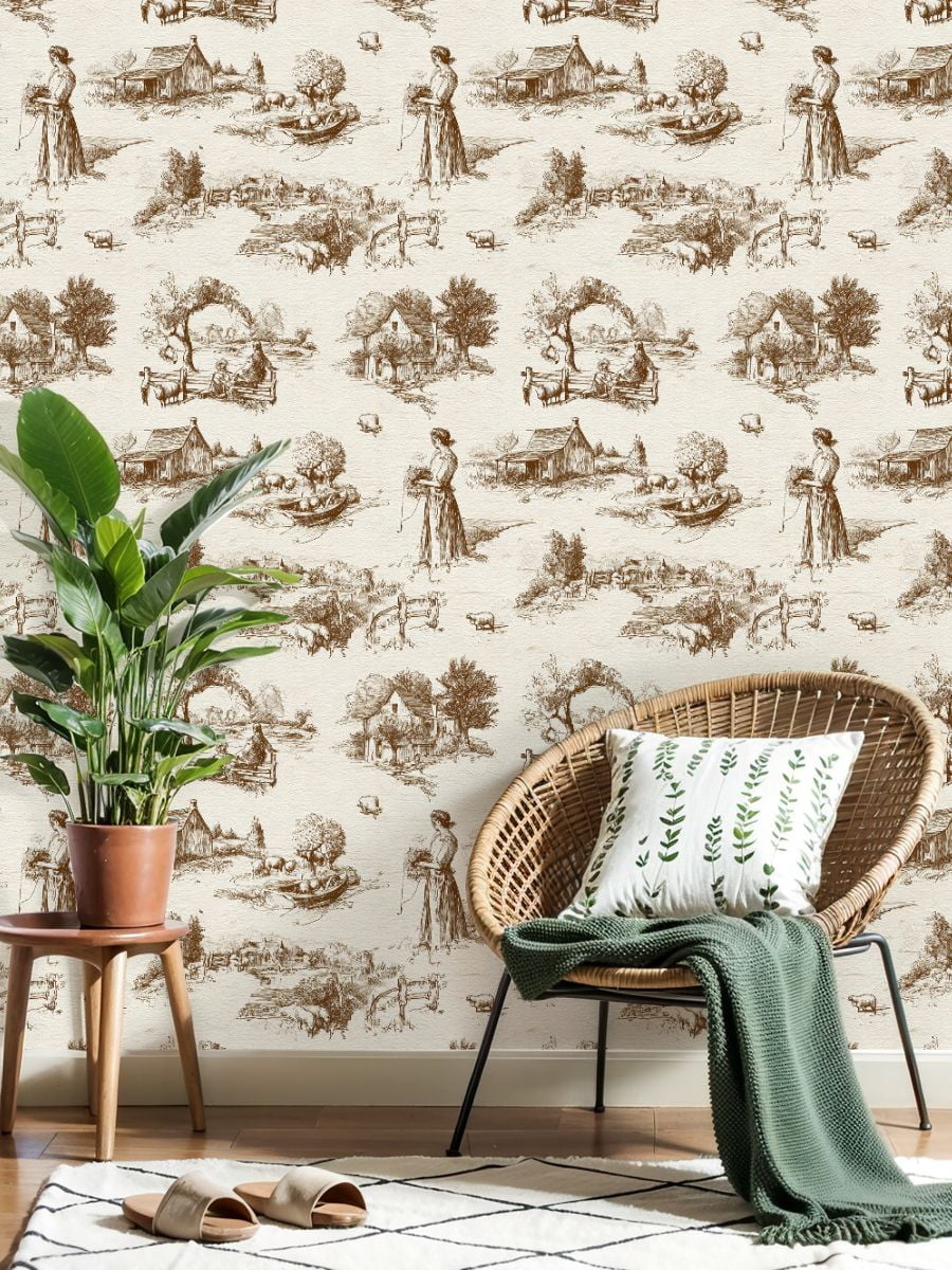 Peel and Stick Wallpaper Pastoral Countryside Toile Farmhouses Sheep River Wall Mural 17.7in x 9.8ft Self Adhesive Removable Wall Paper Renter Friendly Wallpaper for Nursery Bedroom Cabinets