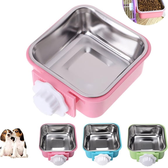 Removable Stainless Steel Hanging Pet Cage Bowl with Holder for Dog Cat Puppy Rabbit Bird Kennel Food Water Feeder