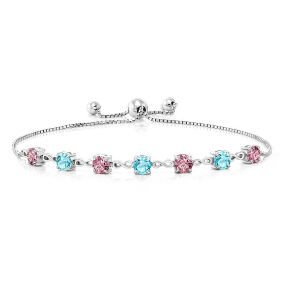 Gem Stone King 925 Sterling Silver Pink Lab Grown Diamond and Swiss Blue Topaz Infinity Tennis Bracelet for Women (2.94 Cttw, Gemstone April Birthstone, Round 4.5MM, Fully Adjustable up to 9 inch)
