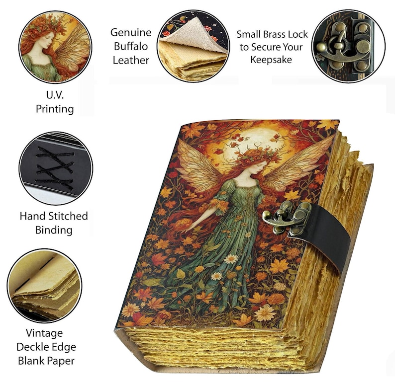 Handmade Leather Journal 5x7 Inch – 200 Pages – Vintage Deckle Edge Paper – Embossed Fairy Design – Leather Notebook for Writing, Drawing & Gifting