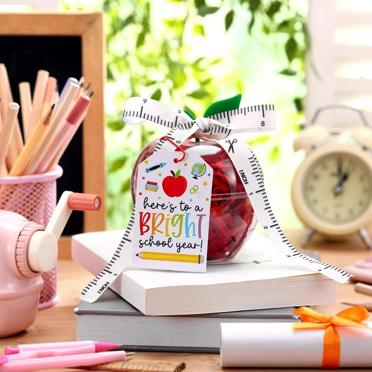 12 Sets Plastic Apple Container for Teacher, Large Apple Shaped Candy Jars Boxes, Teacher Week Appreciation Gifts Bulk Graduation Back to School Ornaments for Party Favor (Clear School Year)