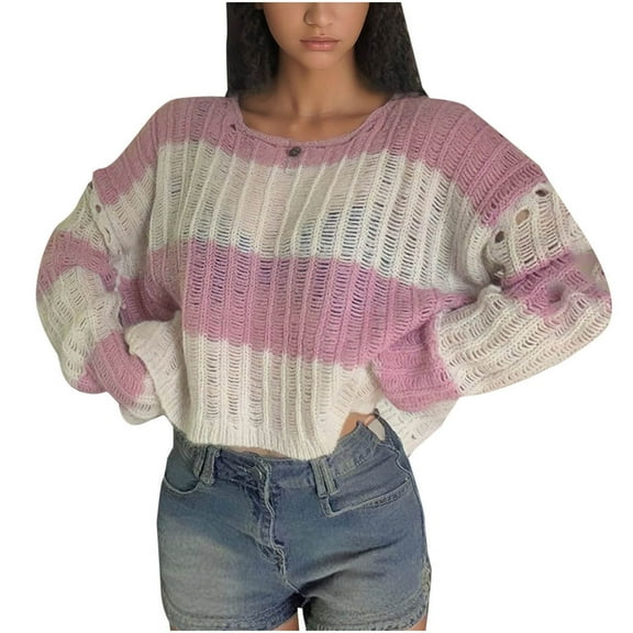 Kaemgyyd Women's Crochet Knit Sweater Crew Neck Color Block Long Sleeve Cover up Hollow out Cropped Cute Tops Beachwear