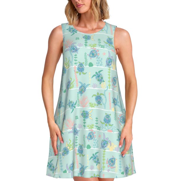 Fotbe Sea Turtle Vestido de Verano sin Mangas para Mujer – Vestido Midi Línea A, Estilo Camiseta Floral, Vestido Playero Casual y Fluido