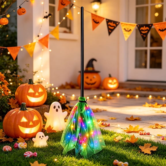 LED Light Up Witch Broom, Colorful Halloween Broomstick with 3-Section Detachable Design for Haunted House, Porch, Party Props, Costumes and Holiday Decor