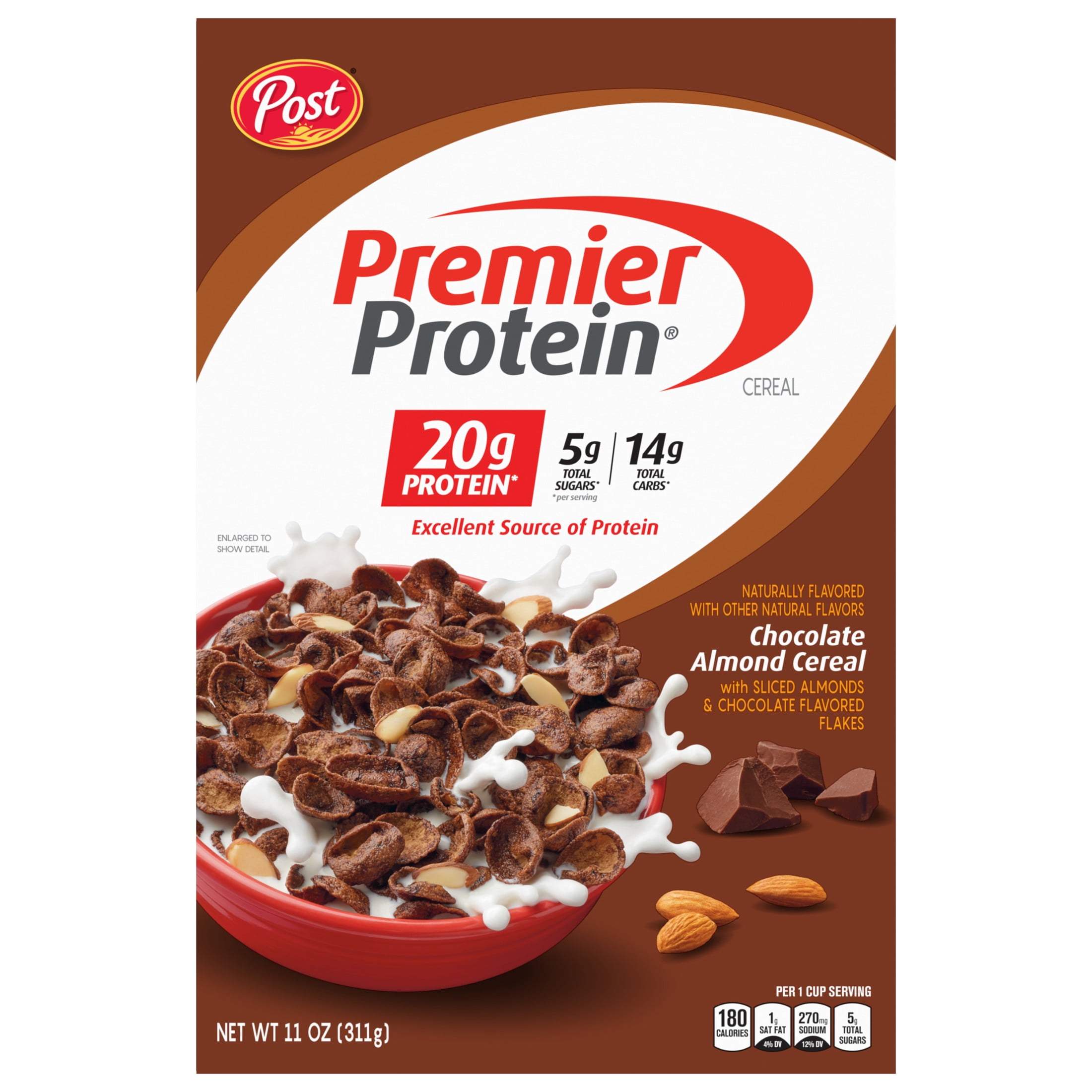(2 pack) Post Premier Protein Chocolate Almond Cereal, Chocolatey Protein Cereal, Crunchy 11 oz Box