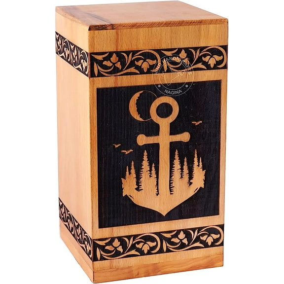 Wooden Cremation Urns for Human Ashes Adult Large - Wooden Burial Urn for Columbarium - Funeral Urn Box (250 Cubic Inches - BeechWood, Anchor-2)
